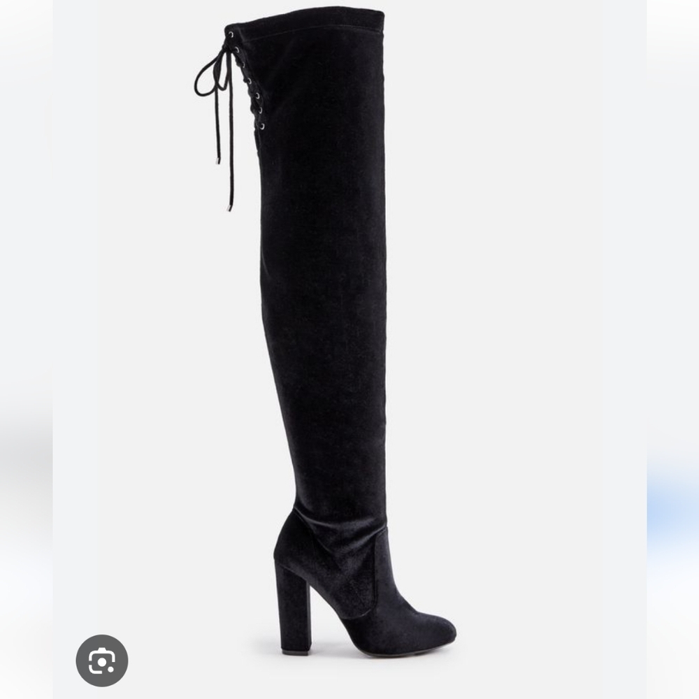 NEW JUST FAB Leona Black Heeled Knee High Suede Lace Up Boots Size 6